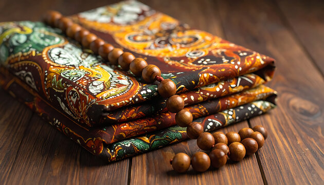 Islamic prayer beads and folded prayer mat with rich paisley pattern, spiritual accessory, worship and devotion