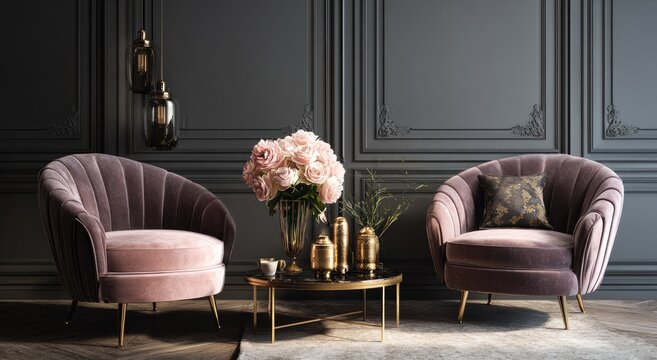 Elegant velvet armchairs flank a dark coffee table with floral arrangement
