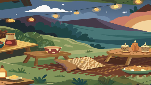Scenic evening outdoor dining setup in mountainous landscape with fairy lights landscape mountain twilight illumination stringlights refreshment beverage peaceful illustration cheerful