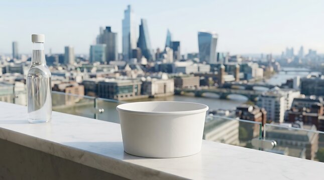 Blank white paper bowl mockup next to a clear glass water bottle set on a marble ledge overlooking an urban city skyline