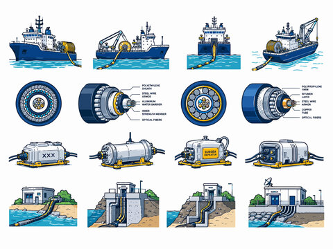 Undersea Cable Laying and Submarine Power Transmission Infrastructure Depicted Through Diverse Engineering Diagrams Showing Vessels Components and Shoreline Connections for Global Connectivity and Ene