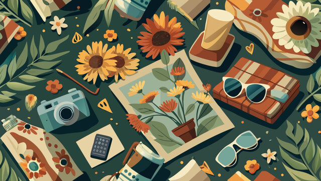 Summer vacation travel essentials flat lay seamless pattern illustration with summer vibes vacation seamless sunflowers sunglasses notebook stationery lifestyle illustration background