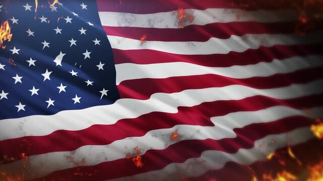 Footage of the American flag on fire, US flag burning, graphics