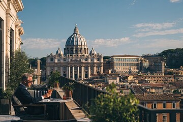 Fototapeta premium Man enjoys drink on balcony with iconic dome and city views