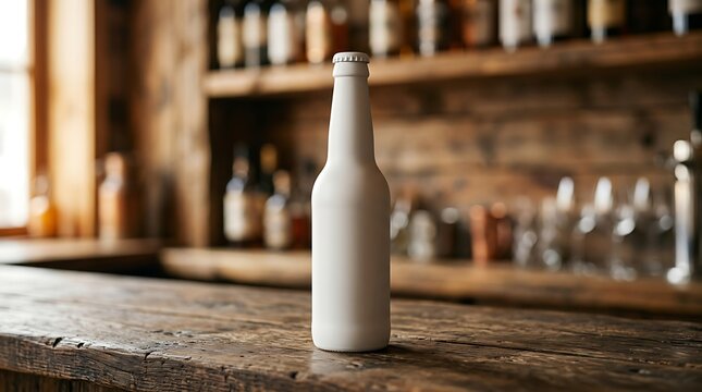 Blank white beer bottle mockup standing on rustic wooden bar counter in a pub setting for product branding design