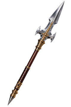 A medieval warrior wields a sharp spear with gold and bronze handle.