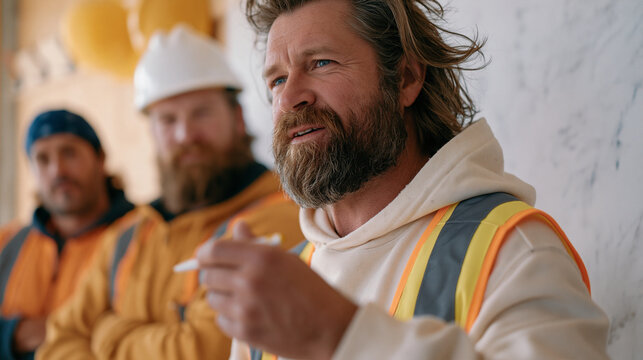 project manager writing on a whiteboard in a site meeting room while three tradespeople watch, construction project planning scheduling, sub-contractor coordination, end-of-week review progress meet