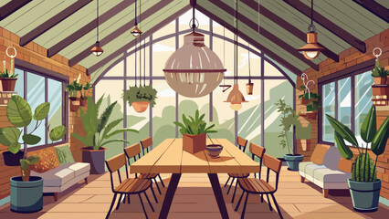 Fototapeta premium Rustic greenhouse dining room interior with hanging plants and wooden table plants indoors cozy home dining area wooden furniture plant filled urban jungle home decor design interior