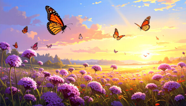 Butterflies meadow flowers sunlight