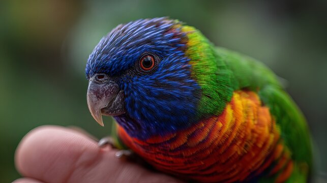 A vibrant rainbow lorikeet perched on a person's hand in a natural setting