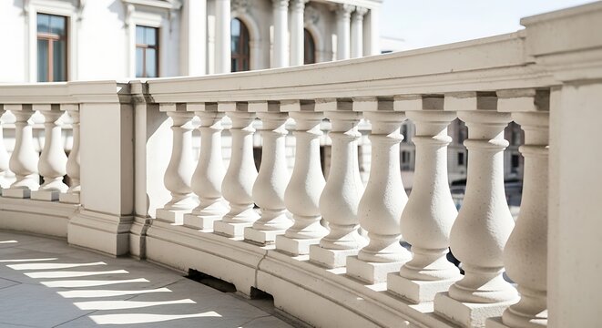 White balcony railing with ornate balusters on a sunny day