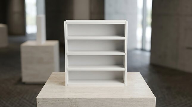 Empty white shelving unit display mockup on stone pedestal for interior design product showcase retail staging