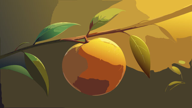 Single ripe peach hanging on a tree branch in golden sunlight with sunlight botanical vegetarian ingredient nutrition illustration minimalist agriculture cultivation vitamins