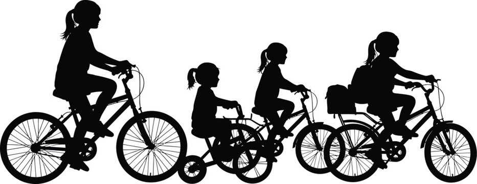 Silhouette of children group riding bicycles together vector illustration
