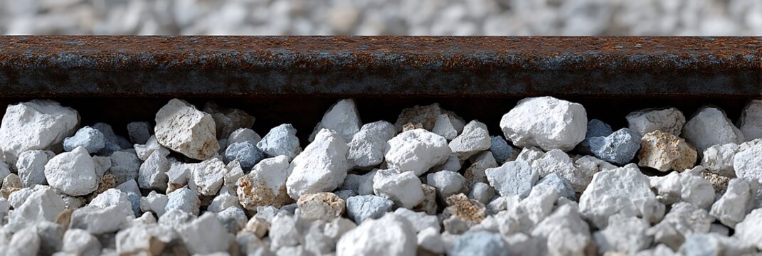 Rusty steel railway track resting on bright white crushed stone ballast with shallow depth of field highlighting industrial transportation infrastructure texture