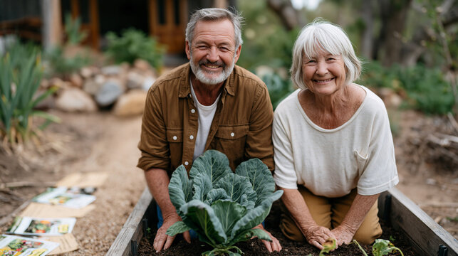 Retired couple kneeling side by side at a raised vegetable bed in their first garden planting after downsizing to a small cottage, seed catalogues and handwritten notes scattered on the path beside 