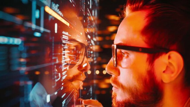 A focused individual analyzing digital data on a futuristic screen showcasing vibrant lights, creating a captivating technological atmosphere in the backdrop.