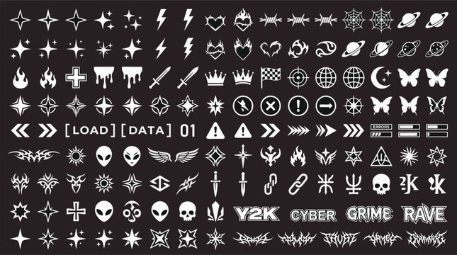 Y2K Cyberpunk Futuristic Graphic Design Elements Silhouette Collection of Neo Brutalist Retro Icons Celestial Orbs and Stars Vector Illustration