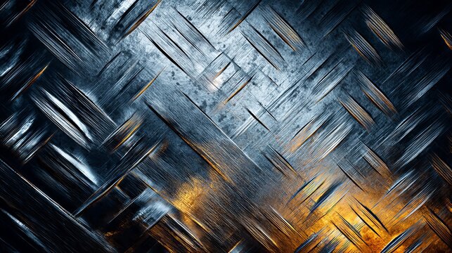 A close-up view of a metallic surface with a diamond plate pattern and warm orange glow