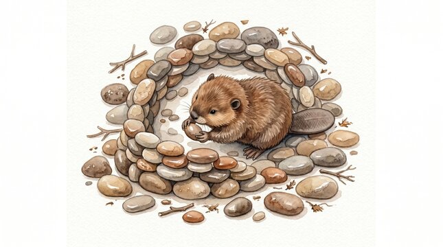 Adorable baby beaver illustration, a cute young animal building a stone dam or nest, watercolor style wildlife artwork, perfect for nature-themed children's books and educational materials.