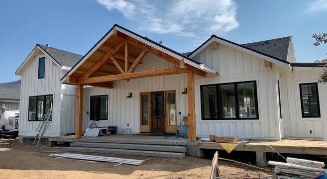 Modern farmhouse under construction with white siding, large windows, and wood accents