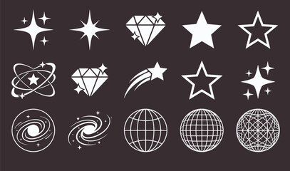 Y2K retro futuristic celestial elements aesthetic starburst sparkles diamond planet galaxy wireframe grid icons set vector illustration © Abul
