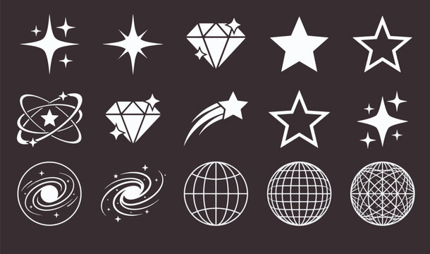Y2K retro futuristic celestial elements aesthetic starburst sparkles diamond planet galaxy wireframe grid icons set vector illustration