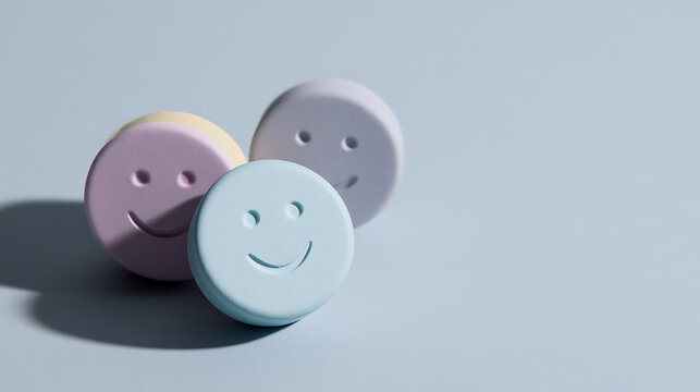 Close up vibrant pastel smiley face candy or flat objects with cheerful expression and happy mood. Minimalist aesthetic on light blue background