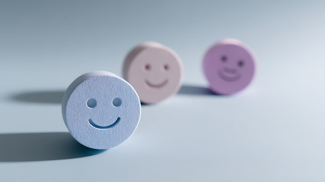 Three colorful cheerful pills with smiling faces on a light blue surface, symbolizing happiness, well-being, and positive emotional support