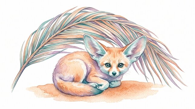 Adorable fennec fox illustration, a charming watercolor desert animal, cute baby fennec fox, perfect for nature and wildlife designs.