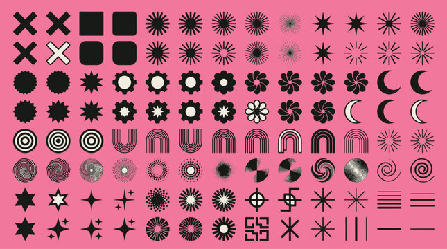 Y2K retro futuristic vector design elements brutalist geometric shapes abstract cyberpunk chrome sparkles starbursts and neo-tribal minimal glyphs vector illustration