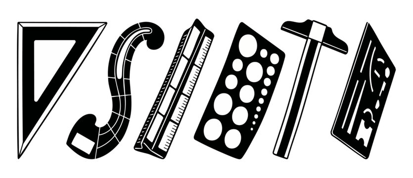 Drafting tools spelling design word vector icon set of drawing instruments including triangle ruler french curve t-square scale stencil for architect engineering project and creative graphic layouts.