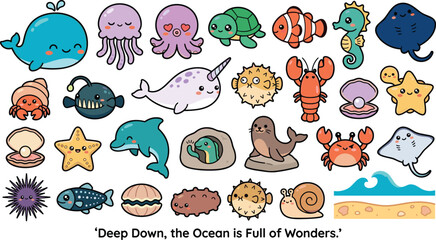 Cute kawaii sea animals and ocean creatures vector illustration set, marine life sticker pack with whale, turtle, octopus, and dolphin for kids design © MDHABIBUL