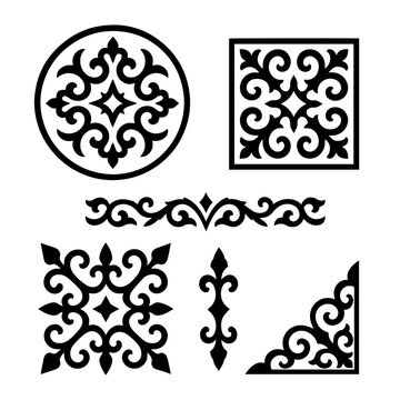 Kazakh ornamental patterns collection &ndash; circular, square, horizontal, vertical and corner elements
