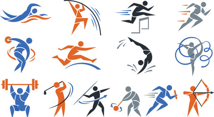 Fototapeta premium Athletic sports icons set, 13 summer competition vector pictograms, dynamic olympic athlete silhouettes for tournament branding and fitness apps