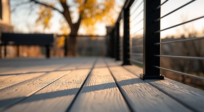 Deck patio terrace with wood planks and cable railing in golden sunset light