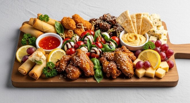 A wooden cutting board with a variety of food items, including fried chicken wings, spring rolls, and cheese, arranged on a white background.