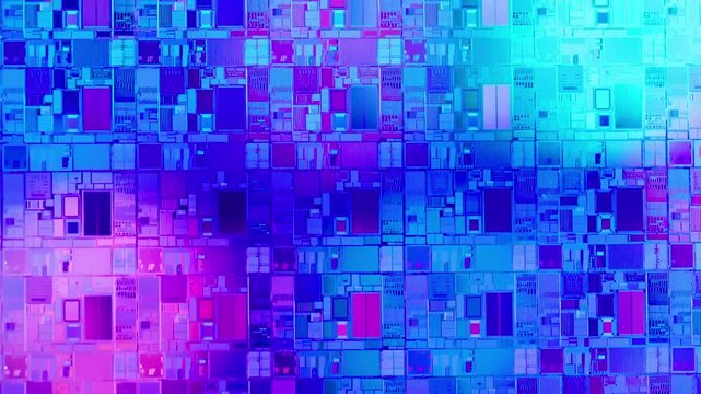 Semiconductor Silicon Wafer Macro Nanometer Structure Iridescent Light Microchip Texture in 4K Ultra HD footage.
