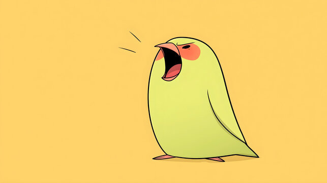 a round, light-green bird with rosy cheeks chirping loudly with its beak wide open against a solid yellow background