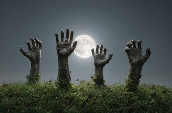 Eerie hands emerge from dark soil under a full moon, a chilling scene