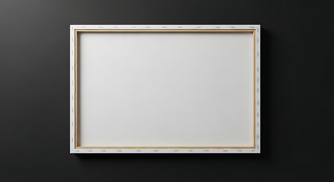 Blank horizontal canvas frame mockup on solid dark grey wall for photography exhibition display or interior design showcase