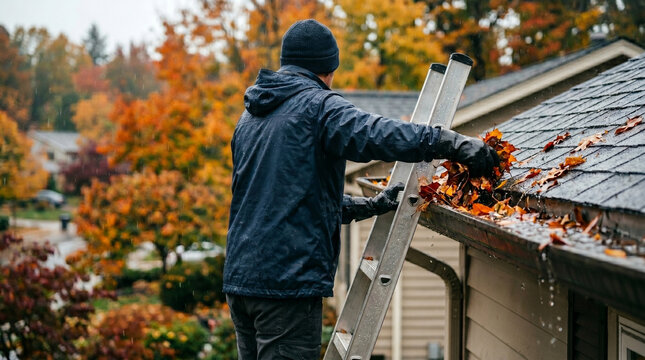 Man wearing a dark jacket and beanie cleaning orange autumn leaves from a residential roof gutter