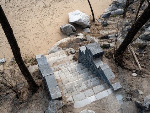 Stone stairs descend to a sandy area, flanked by trees and rocks