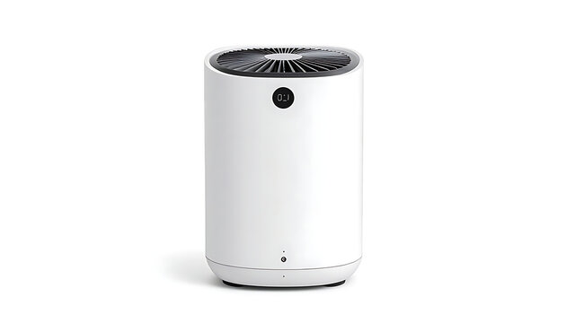 Isolated white modern air purifier with dark top grill and indicator light, electronic device for clean air indoors