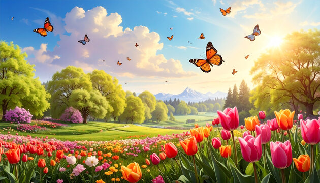 Butterflies over flower field landscape