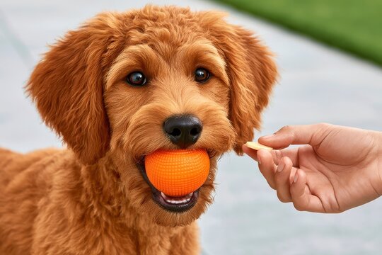 Happy brown puppy holding an orange ball while taking a treat from a human hand outdoors
