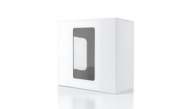 Isolated white cardboard box with clear plastic window for product display, packaging mockup