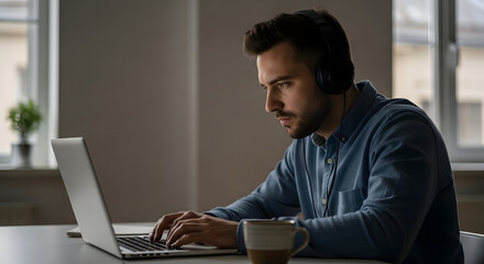 Fototapeta premium Focused man working on his laptop computer while wearing headphones at home office.