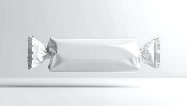 Isolated white candy wrapper with ruffled ends on a clean light grey studio background, product mockup for branding