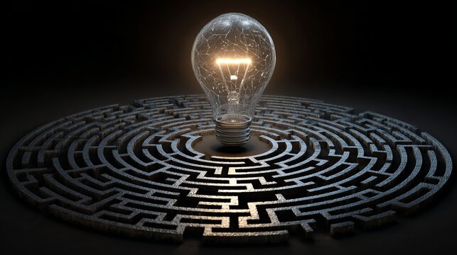 A glowing lightbulb sits atop a complex maze, symbolizing innovative problem-solving and creativity in a dark environment.
